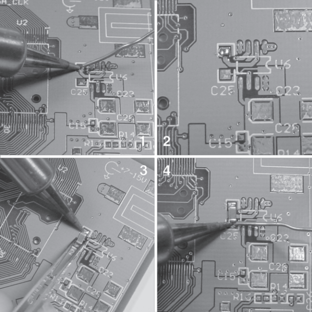 Figure B-1: Applying solder to one pad, aligning and tacking component with tweezers, then soldering remaining pads