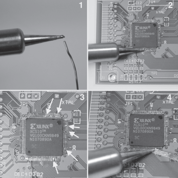 Figure B-4: Four steps for soldering fine-pitch pins including transferring solder from iron tip and removing bridges with desoldering braid