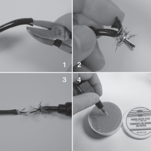 Figure 4-3: Cable preparation steps — cutting, stripping, and fluxing.