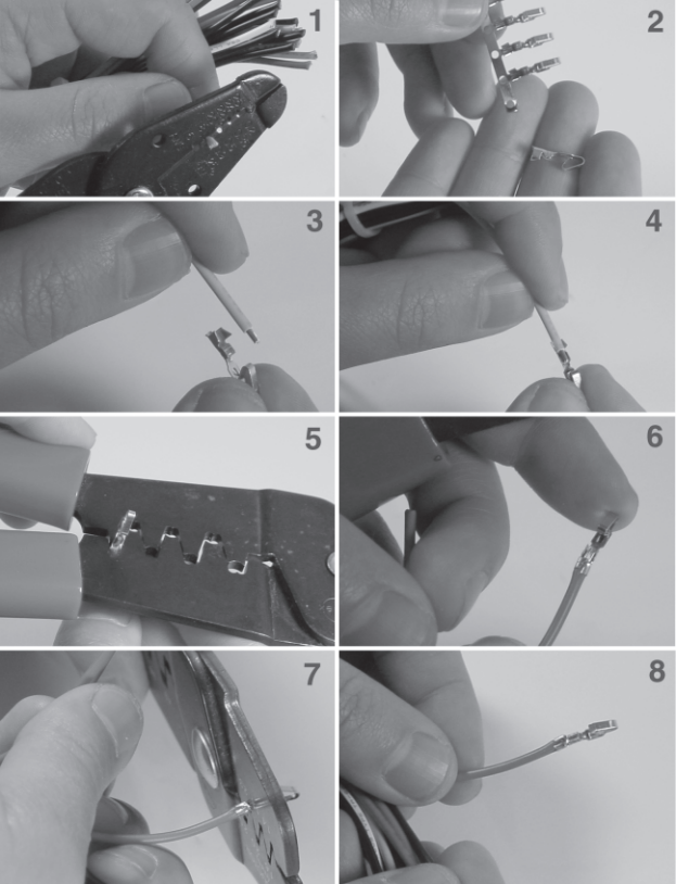 Figure 5-2: Attaching a crimp terminal to the end of a wire — 8-step process.
