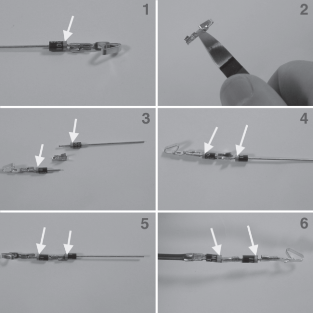 Figure 5-3: Attaching two diodes in series between the violet wire and crimp terminal.