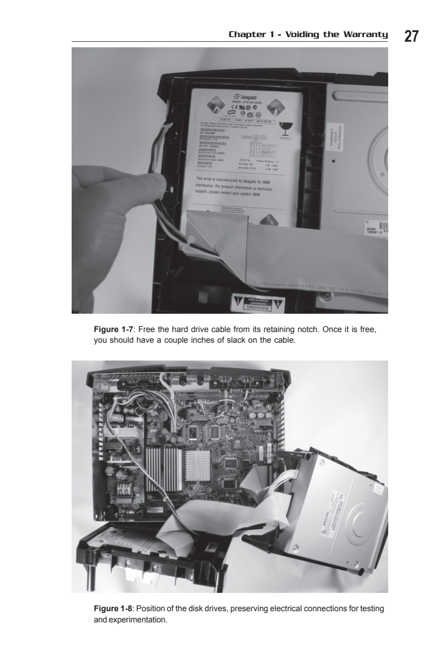 Figure 1-7 and Figure 1-8: Hard drive cable release and drives folded out.